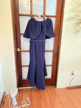 JJs House Navy Off-Shoulder Cape Gown with Beaded Waistband